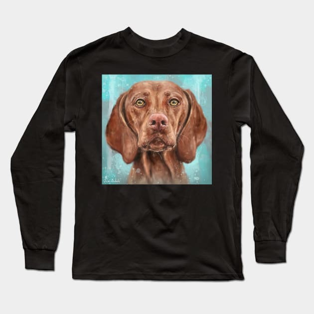 Painting of a Cute Hungarian Vizsla Looking Directly at you on a Blue Background Long Sleeve T-Shirt by ibadishi
